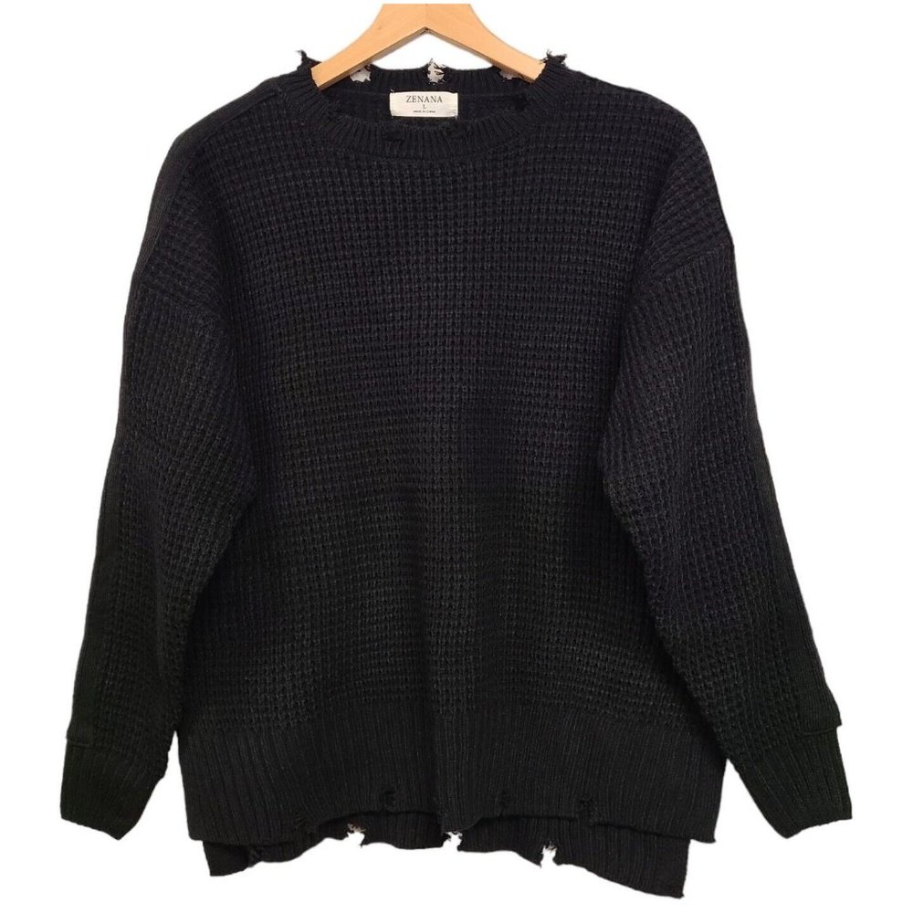 Zenana Sweater Womens Large Black Distressed Shaker Knit Pullover Boxy Fit - Picture 1 of 6